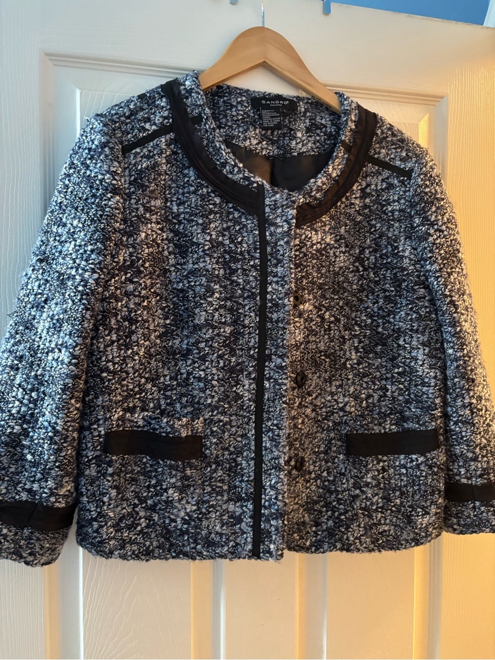 Sandro Vintage Navy and White Bouclé Collarless Jacket with Black Trim